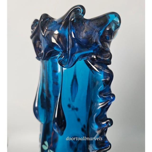 Blue Auguste Jean Antique Blue Footed Vase Art Nouveau Enamel Paint Berries Tall 12" For Sale - Image 8 of 17