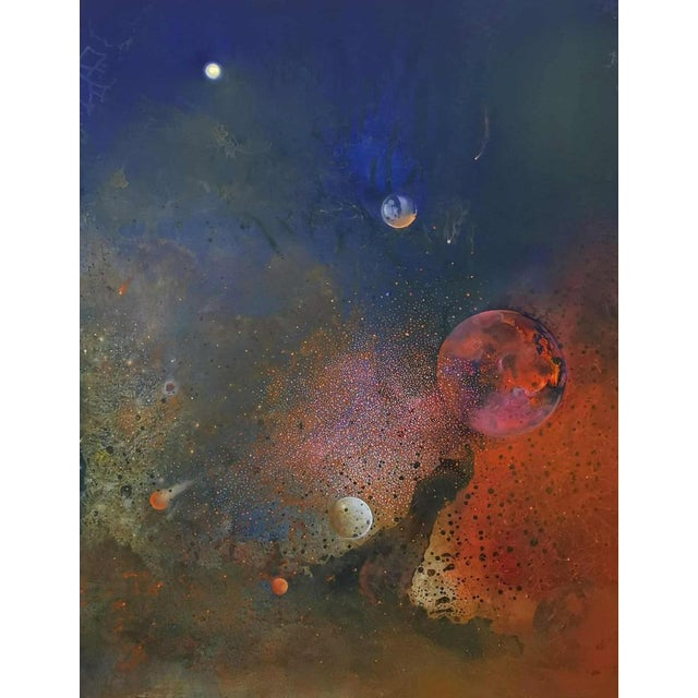 A deep violet sky descends over a horizon of burning ochre. The composition captures a fleeting moment of atmospheric...