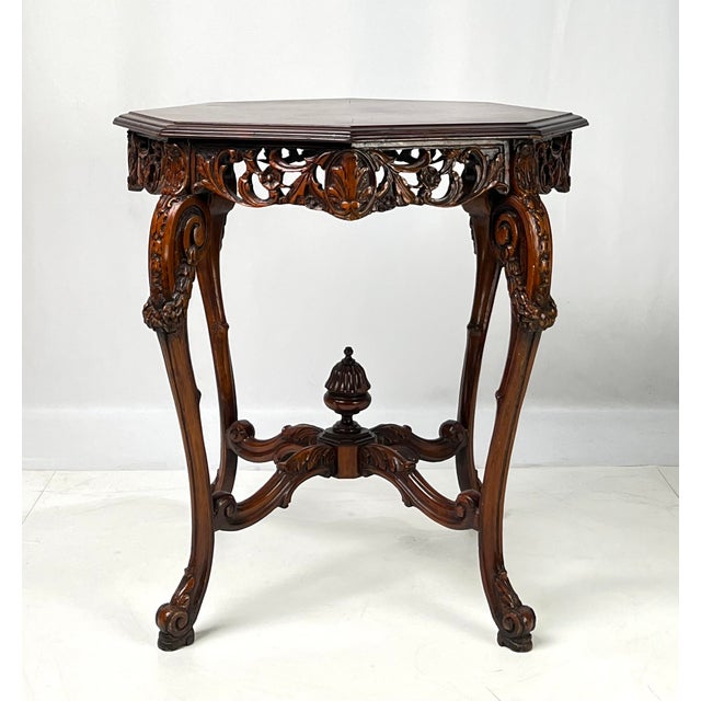 Victorian Rococo Revival Carved Walnut & Burl Octagonal Accent Table For Sale - Image 3 of 16