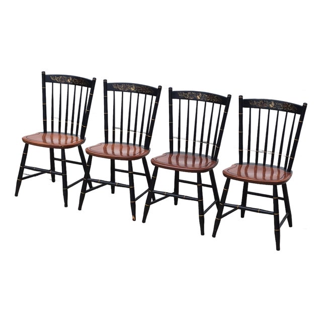 2001 Hitchcock Harvest Stenciled Faux Bamboo Cherry Windsor Dining Chairs, Set of 4 For Sale