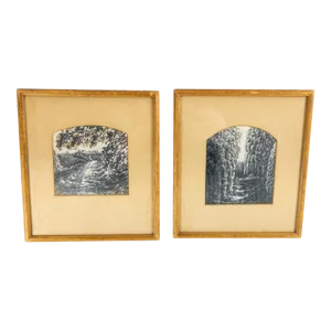 Mid 19th Century Pair of American Grisaille Palette Winter Scene Landscape Gouache Paintings