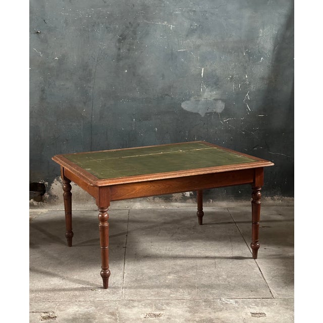 Late 19th century English Victorian library table with inset green leather top surface. Beautiful mahogany construction...