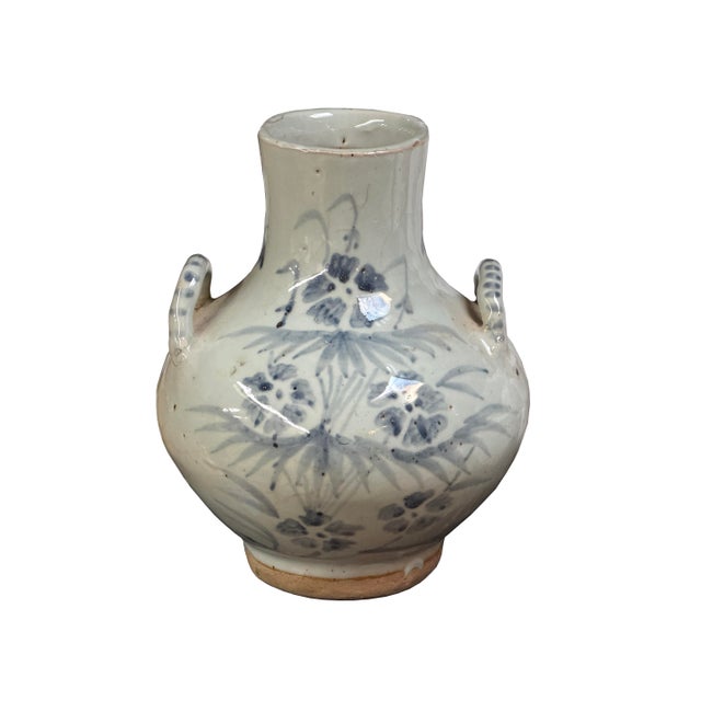 Light Gray Vintage Fade Gray White Pale Blue Floral Graphic Ceramic Vase For Sale - Image 8 of 11