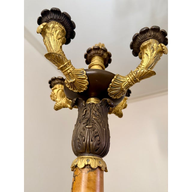 Pair Antique French Empire Patinated Bronze and Gold Bronze With Sienna Marble Candelabra, Circa 1840 For Sale - Image 4 of 10