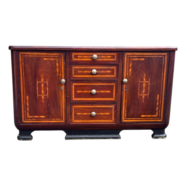 Antique Inlaid Buffet Sideboard W Rare Locking Drawer Mechanism For Sale