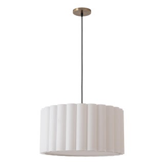 Scallop Pendant Light - Modern Weathered Brass Steel, Drum White Linen Shade, 19"d X 11"h, Elv Dimmable For Sale