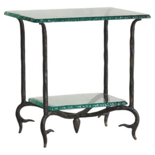French Two-Tier Iron + Chiseled Glass Side Table, 1960s For Sale