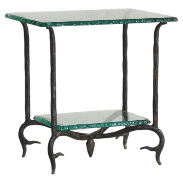 French Two-Tier Iron + Chiseled Glass Side Table, 1960s For Sale