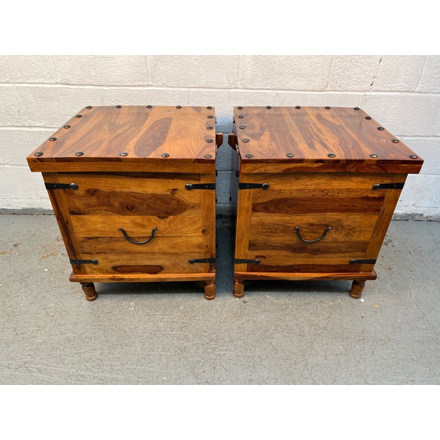 Late 20th Century Pair of Rustic Wood and Metal Storage Trunks W/ Lift-Top Lids For Sale In New York - Image 6 of 15