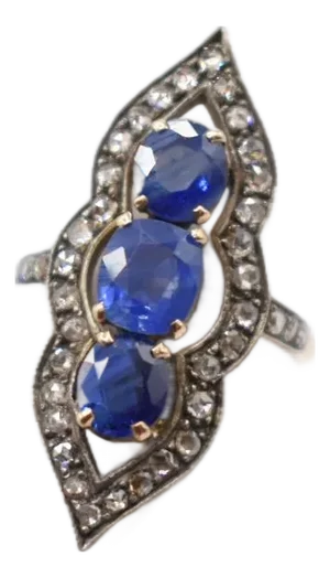Mid 20th Century Three Stone Sapphire and Diamond Dress Ring, Size 6.75