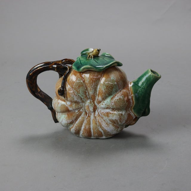 Early 20th Century Early 20th Century Majolica Pumpkin, Vine & Leaf Form Pottery Tea Pot with Beatle For Sale - Image 5 of 8