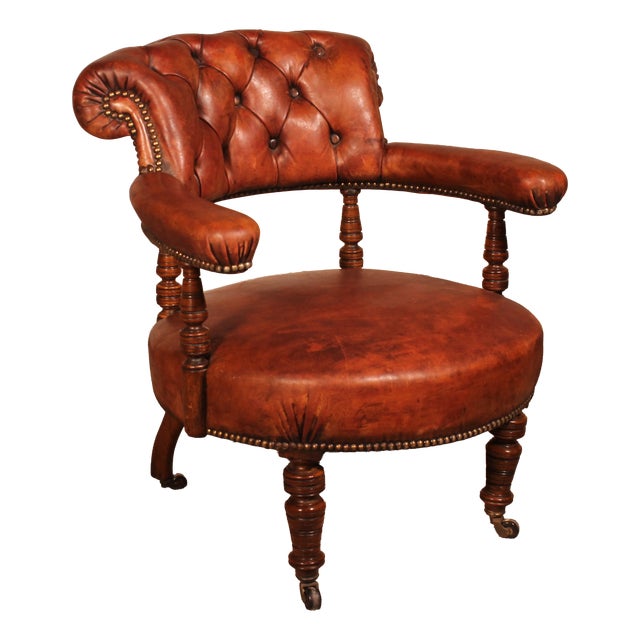Small Vintage Armchair in English Cognac Mahogany and Leather, 1800s For Sale