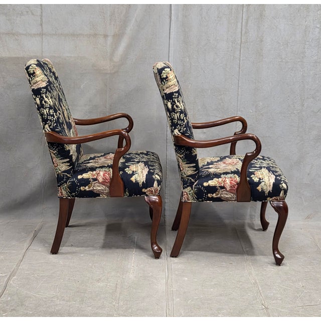 Pair of Vintage Queen Anne Chairs and Ottoman With Black Toile Upholstery For Sale - Image 14 of 17