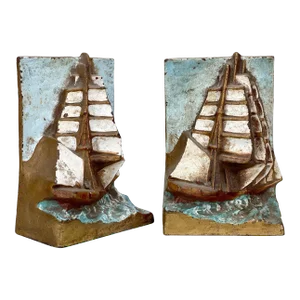 Antique Arts & Crafts Cast Iron Enamel Galleon Ship Bookends by Hubley- a Pair