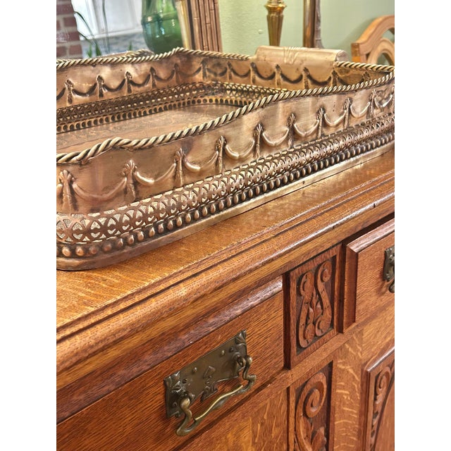 Rustic European Vintage Castilian Imports India Neoclassical Engraved Brass Gallery Serving Tray For Sale - Image 3 of 12