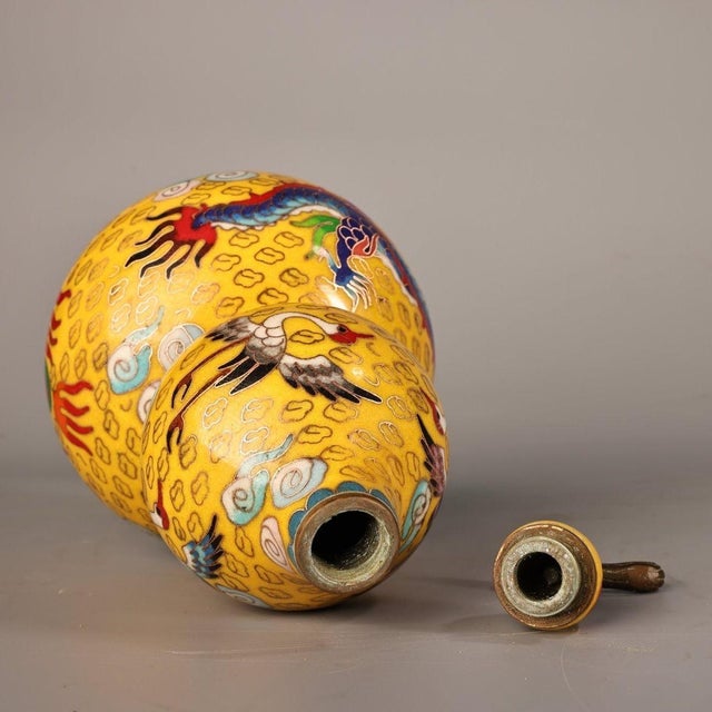 Metal Vintage Chinese Yellow Cloisonné Dragon & Phoenix Double-Gourd Vase - 1300g For Sale - Image 7 of 10