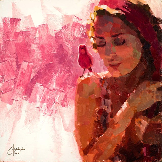 Pink Bird Series - Pink by Christopher Clark | Oil on wood panel Woman with a pink bird on her shoulder. For Sale