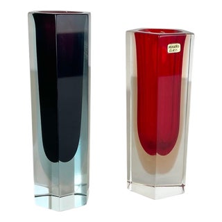 Faceted Murano Glass Sommerso Vase by Flavio Poli, Italy, 1970s, Set of 2 For Sale