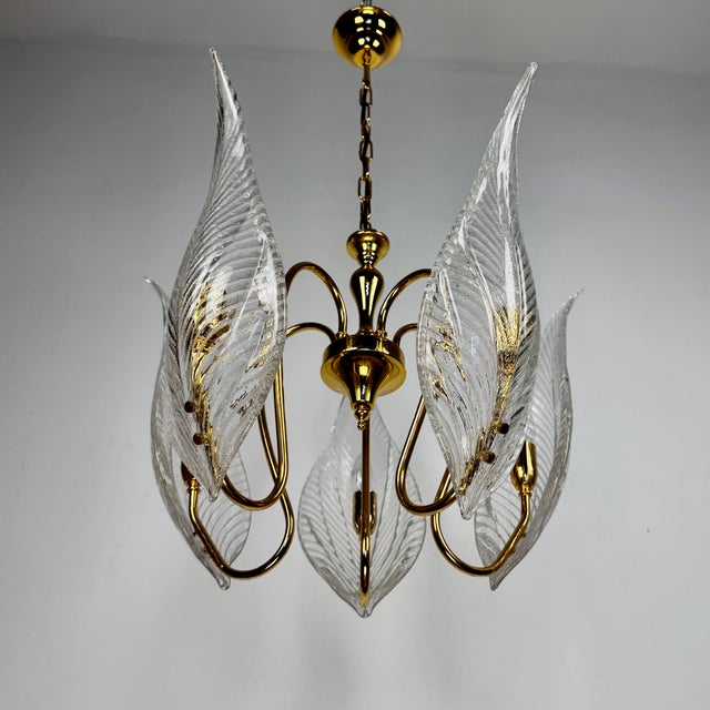 Large Brass and Murano Glass Leaves Chandelier, Italy, 1980s For Sale - Image 4 of 11