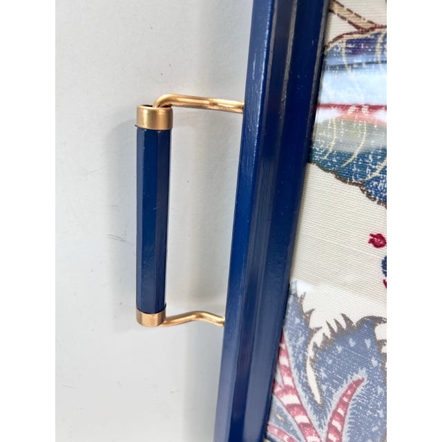 Blue Lacquer Serving Tray With Brass Handles – Floral Fabric Inlay, Bar Cart Decor For Sale - Image 12 of 12
