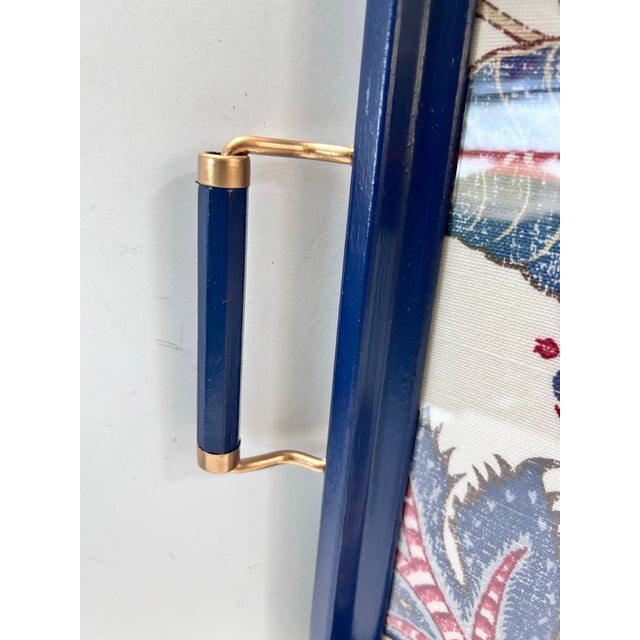 Vintage Blue Lacquer Serving Tray With Brass Handles & Laura Ashley Floral Fabric Liner For Sale - Image 12 of 12