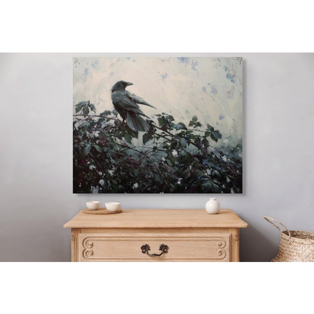 Early 21st Century First Snow by Lindsey Kustusch | Oil On Panel Raven perched on a bush in a snowy landscape. For Sale - Image 5 of 5