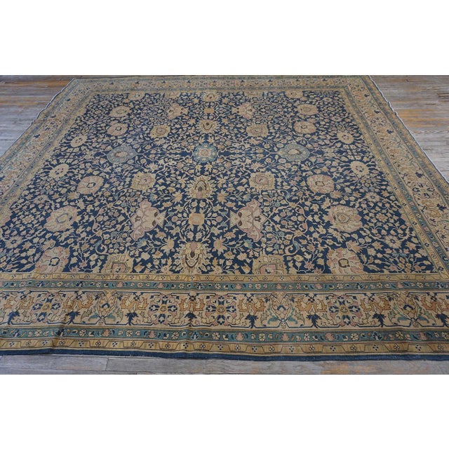 Navy Blue 1880s Antique Navy Square Islimi Floral Finely Knotted Wool Persian Tabriz Rug For Sale - Image 8 of 9