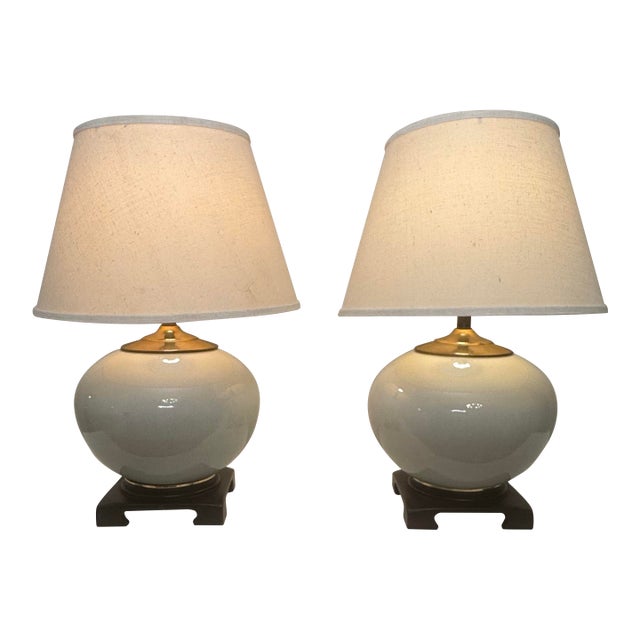 Vintage Transitional White Crackled Glaze Glass & Brass Table Lamps, a Pair For Sale
