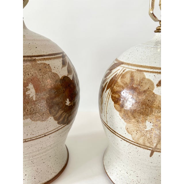1970s Hand Thrown Stoneware Lamps With Floral Motif - a Pairf For Sale - Image 12 of 15