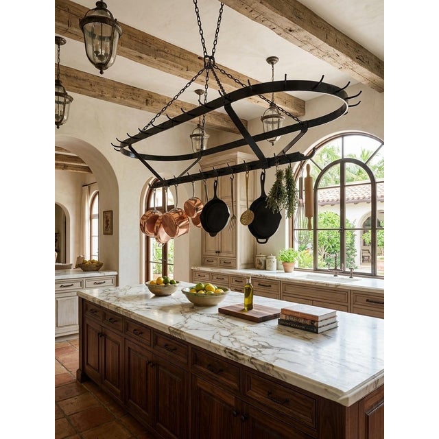 French Country Wrought Iron Oval Hanging Pot Rack For Sale - Image 9 of 12