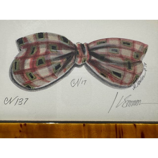 Original miniature watercolor by Kolene Spicher depicting a plaid ribbon bow. Signed at lower right, dated 8/17, and...