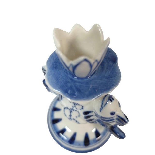 Ceramic Vintage Russian Gzhel Blue and White Porcelain Double Fish Candlestick For Sale - Image 7 of 12