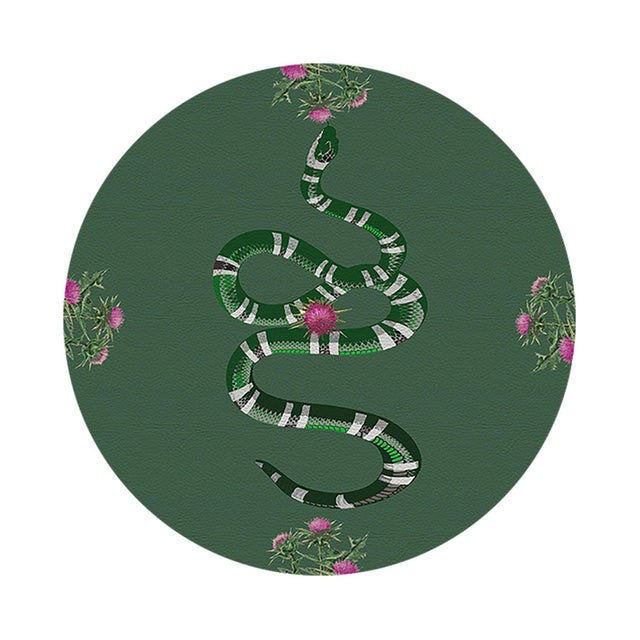 2020s Thistle And Snake Evergreen Vegan Leather Round Pebble Placemat, Set of 4 For Sale - Image 5 of 5