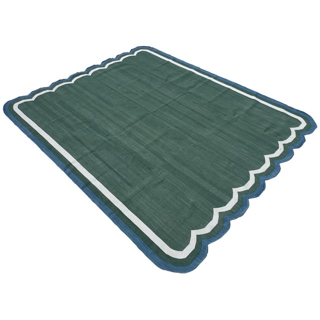 Casa Cosima Handmade Cotton Flat Weave Area Rug, Forest Green and Teal Blue Scalloped Dhurrie - 4'x6' For Sale - Image 4 of 6