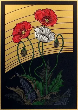 Yoneshi Hieda "Poppies" Japanese Contemporary Floral Serigraph Unframed