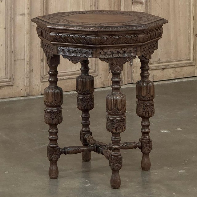 Renaissance Antique Jacobean Style Octagonal End Table in Hand Waxed Oak For Sale - Image 3 of 18