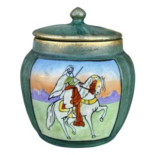Antique Teplitz Austrian Amphora Covered Jar Humidor W/ Orientalist Arabian Horseman Scene For Sale