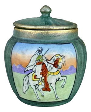 Antique Teplitz Austrian Amphora Covered Jar Humidor W/ Orientalist Arabian Horseman Scene