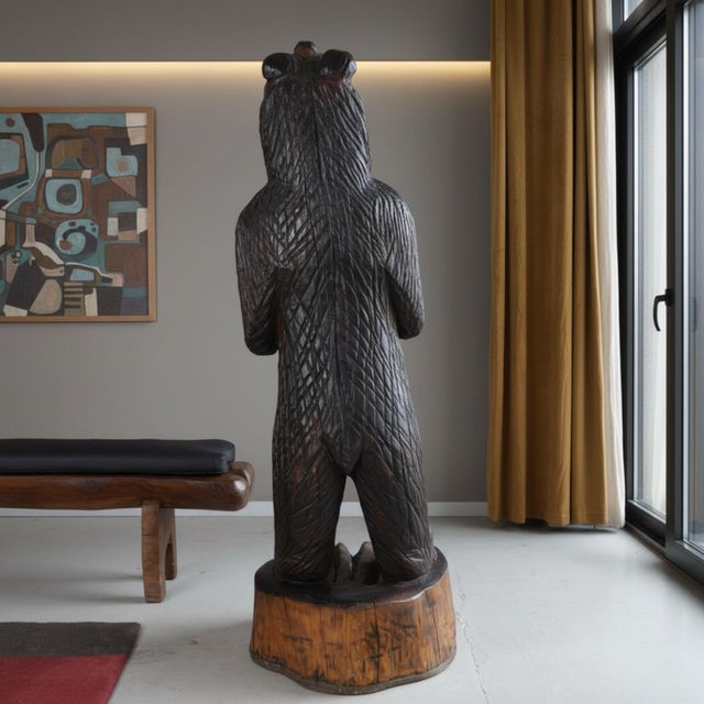 Wood Life Size 6 Foot Handcrafted Wood Carved Black Bear Sculpture For Sale - Image 7 of 16
