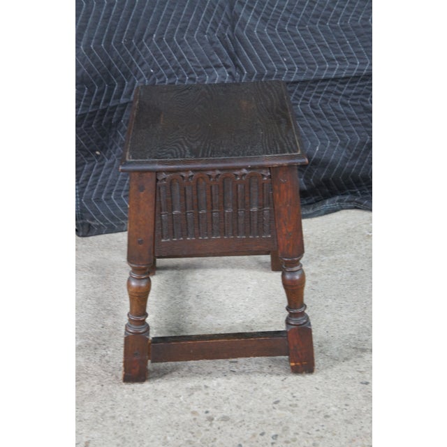 Antique English Jacobean Style Oak Carved Joint Stool Side End Table 18" For Sale - Image 4 of 11