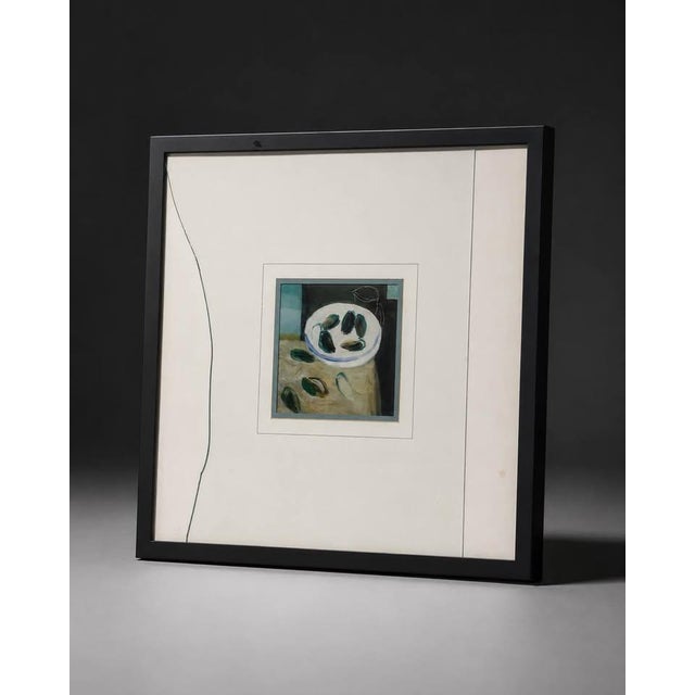 Modern framed still life painting featuring mussels on a white plate. The artwork has a clean, minimal composition with...