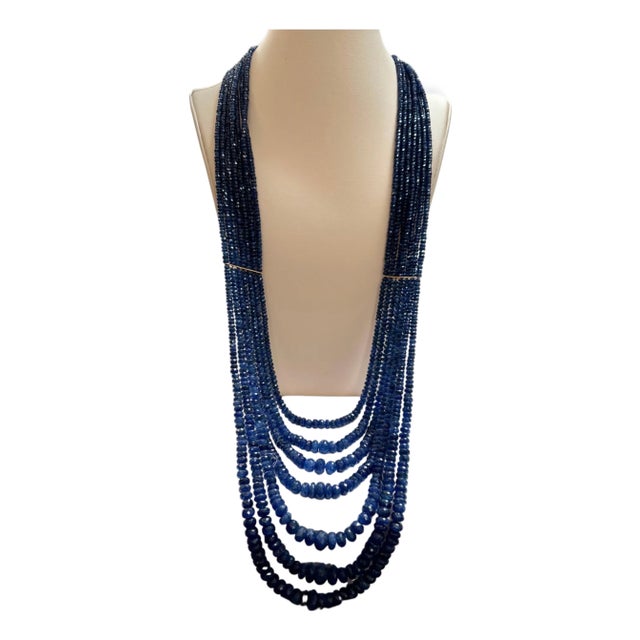 1200 Carat Natural Sapphire Bead Seven Strand Necklace 14k Gold with Spacer, 32 For Sale