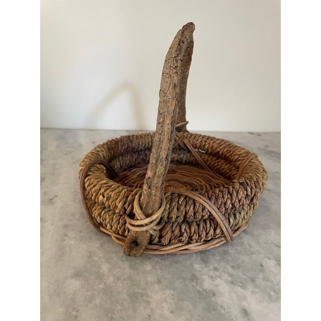 Vintage Rustic Woven Basket With Branch Handle For Sale - Image 4 of 7