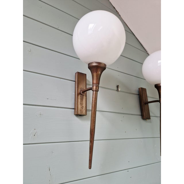 1930s Brass and White Opaline Wall Sconces, 1930s, Set of 2 For Sale - Image 5 of 16