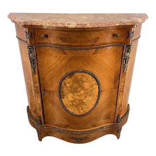 Vintage French Inlaid Sideboard with Brass Ormolu and Marble Top For Sale