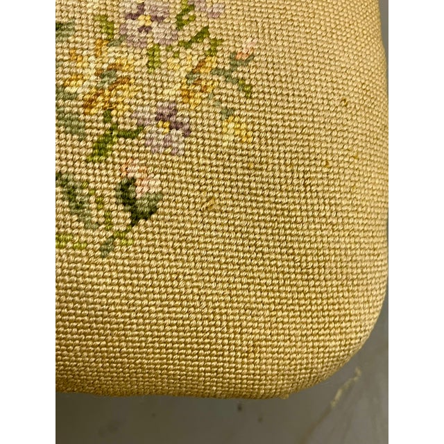 Vintage English Needlepoint Footstool With Carved Oak Base | Mid-Century Upholstered Stool For Sale - Image 17 of 18