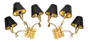 Jules Leleu Style Bronze Sconces 3 Arm Wall Lights France Black & Gold Shades
