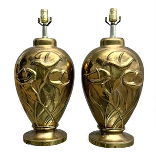 Art Deco Dolbi Cashier Style Brass Tulip Table Lamps - A Pair For Sale