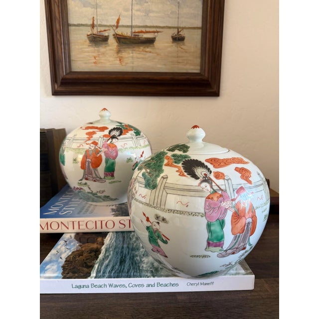 Pair Vintage Chinese Melon Jars | Famille Rose Porcelain Ginger Jars For Sale - Image 4 of 12