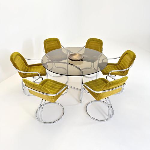 Mid-Century Modern Italian Round Smoked Glass Table and Cantilever Chairs by Gastone Rinaldi, 1970s, Set of 7 For Sale - Image 18 of 18